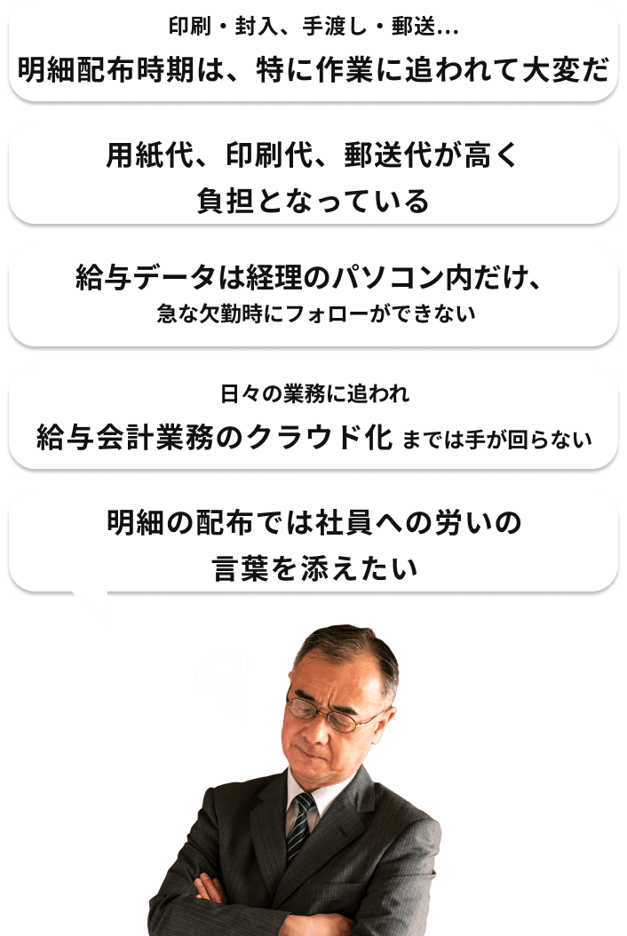印刷・封入、手渡し・郵送...明細配布時期は、特に作業に追われて大変だ / 給与データは経理のパソコン内だけ、急な欠勤時にフォローができない / 用紙代、印刷代郵送代が高く負担となっている / 日々の業務に追われ給与会計業務のクラウド化までは手が回らない / 明細の配布では社員への労いの言葉を添えたい